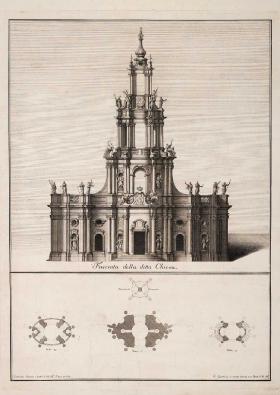 Lorenzo Zucchi (1704–1779) nach Gaetano Chiaveri: Katholische Hofkirche, Aufriss der Hauptfassade und Grundrisse des ersten bis vierten Turmgeschosses, 1739/40